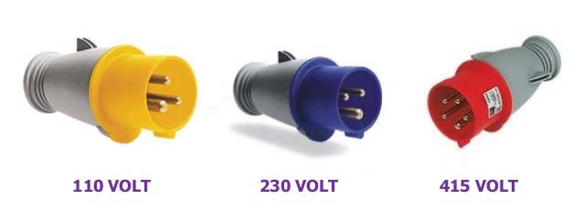 different types of construction site plugs 110V, 240V and 415V